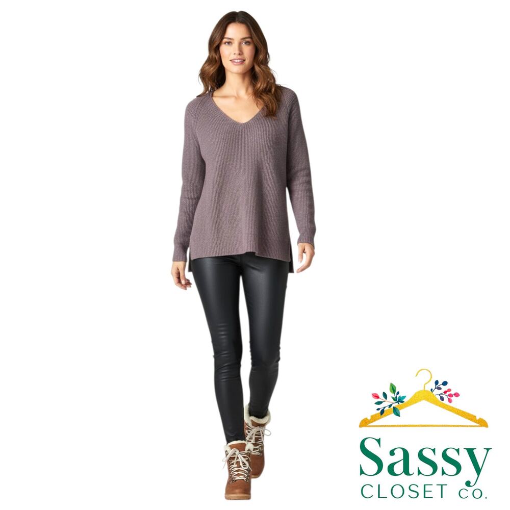 ATHLETA Purple Merino Wool V-Neck Sweater S Ribbed Knit Split Hem Tunic EUC